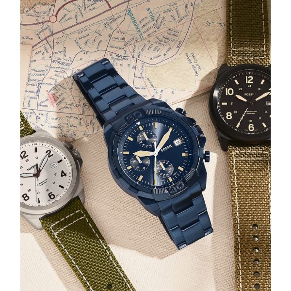 Fossil Bronson Men s Chronograph Navy Stainless Steel Watch For Sale